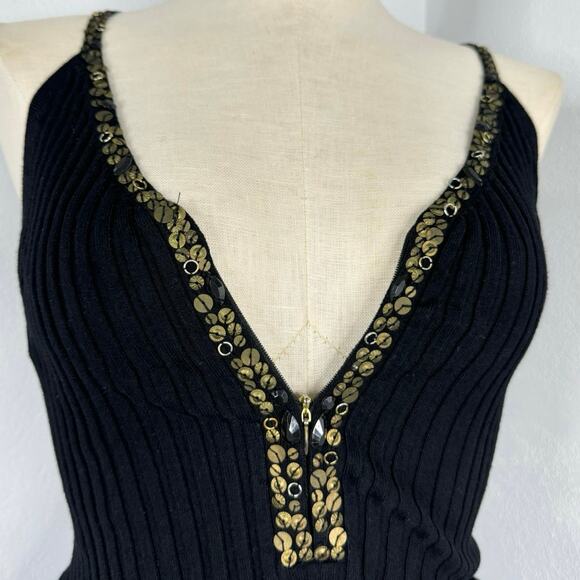 Sequin Detail Zipper Black Ribbed Tank Top Small - Picture 2 of 6